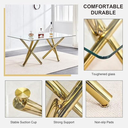 71” Rectangle Dining Table, Large Modern Dining Table for 6–8 People with 0.4" Thickened Tempered Glass Top, Glass Kitchen Table with Gold Metal Legs for Dining Room