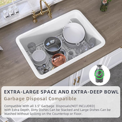 TUKTUK Undermount Kitchen Sink 32 x19 Fireclay Drop-in Farm Sink Porcelain Single Bowl Topmount Large & Deep Basin Luxury Accessory Kit Included