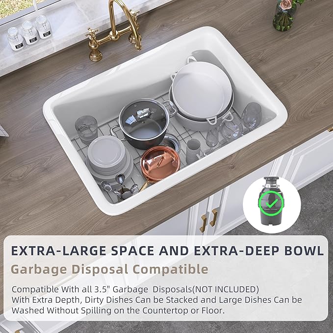 TUKTUK White Undermount Kitchen Sink 27 Inch Fireclay Drop-in Deep & Modern Farm Sink Large Single Bowl Topmount Accessory Kit Included