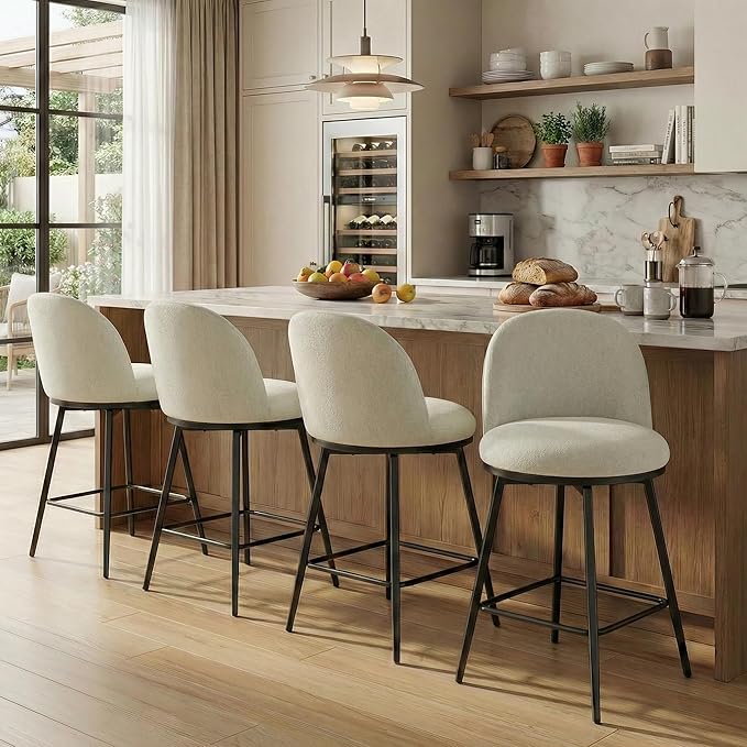 26" Counter Height Swivel Bar Stools Set of 4, Upholstered Linen Fabric Barstools with Backs and Metal Legs for Kitchen Island,Grey