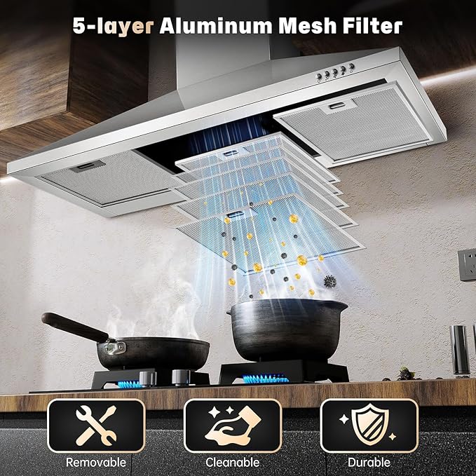 SNDOAS 36 Inch Range Hood, 450CFM Wall Mount Stainless Steel Kitchen Vent Hood - 3-Speed Exhaust Fan, Ducted/Ductless Convertible, Chimney-Style Stove Hood, LED Light & Push Button Control