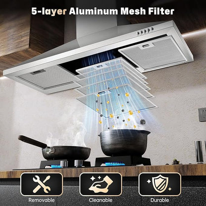 SNDOAS 36 Inch Range Hood, 450CFM Wall Mount Stainless Steel Kitchen Vent Hood - 3-Speed Exhaust Fan, Ducted/Ductless Convertible, Chimney-Style Stove Hood, LED Light & Push Button Control