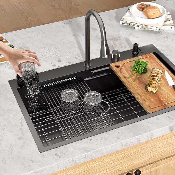 36 Inch Black Drop In Kitchen Sink with Faucet Waterfall 16 Gauge Stainless Steel Workstation All-In One Single Bowl 3-Holes Sink with Cup Washer, Soap Dispenser, Gunmetal Black #TLWF-0032