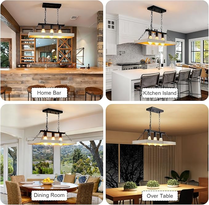 Rustic Farmhouse Chandelier for Dining Room 3-Lights Black+Wood