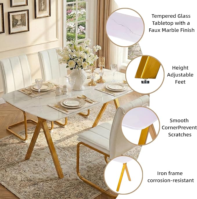 51" White Marble Dining Table, 4-6 Person Modern Kitchen Dining Room Tables with Marble Pattern Tempered Glass Top and Gold X-Shaped Metal Base, Space Saving Rectangle Dinner Table for Home