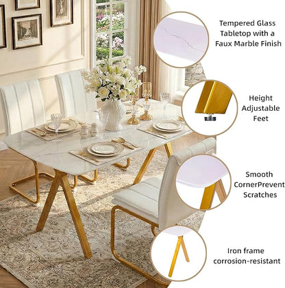 51" White Marble Dining Table, 4-6 Person Modern Kitchen Dining Room Tables with Marble Pattern Tempered Glass Top and Gold X-Shaped Metal Base, Space Saving Rectangle Dinner Table for Home