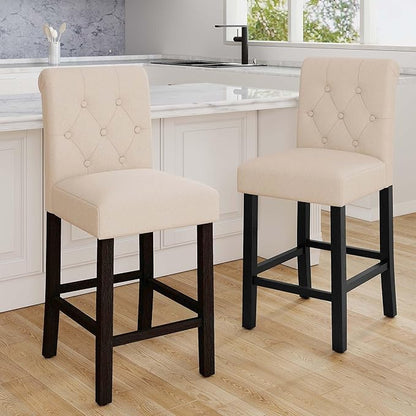 LSSBOUGHT Counter Stools,24 inches Upholstered Counter Height Chairs with Button-Tufted and Solid Wood Legs Set of 2（Beige）