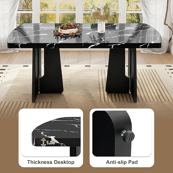 63" Faux Marble Island Table, Rustic Dining Table with Sturdy Legs, Farmhouse Dining Table for Home Gatherings & Workspaces, Black