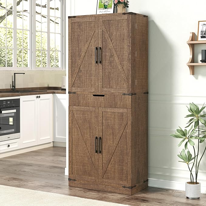 GRUSIGN 72" Kitchen Pantry Storage Cabinet with Doors and Shelves, Wood Farmhouse Pantry Storage with Barn Doors for Kitchen, Dining Room, Living Room, Dark Brown