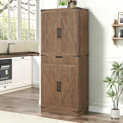 GRUSIGN 72" Kitchen Pantry Storage Cabinet with Doors and Shelves, Wood Farmhouse Pantry Storage with Barn Doors for Kitchen, Dining Room, Living Room, Dark Brown