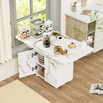 Multi-Functional Folding Dining Table with Storage Cabinet and Wheels - Marble Texture MDF Kitchen Island, Console Table, Desk - Space Saving Furniture for Small Spaces,47.24"L x 28.35"W x 29.92"H