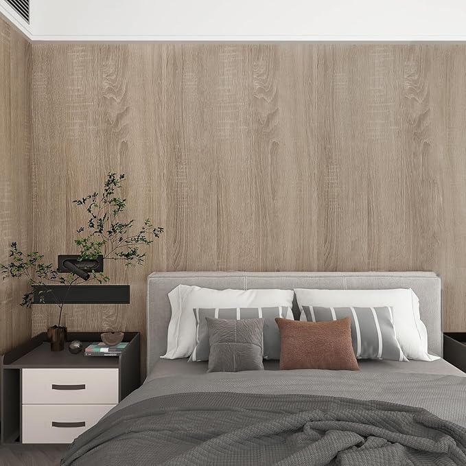 Boobest Light Brown Wood Wallpaper Peel and Stick Wood Grain Contact Paper Waterproof Removable Kitchen Cabinet Wallpaper 15.74"x 118" Wooden Vinyl Wrap Cabinet Covers Grey Oak Wooden Contact Paper