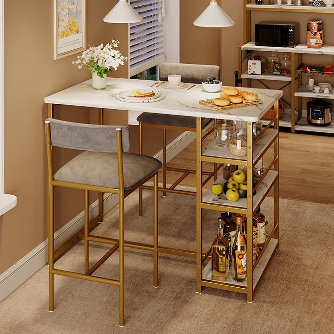 Bar Table Set for 2 with 3 Storage Shelves, Space-Saving Kitchen Table & Chairs with PU Cushions, Thick MDF Wood Top and Steel Frame for Apartment and Bistros - Gold
