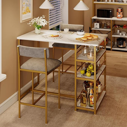 Bar Table Set for 2 with 3 Storage Shelves, Space-Saving Kitchen Table & Chairs with PU Cushions, Thick MDF Wood Top and Steel Frame for Apartment and Bistros - Gold