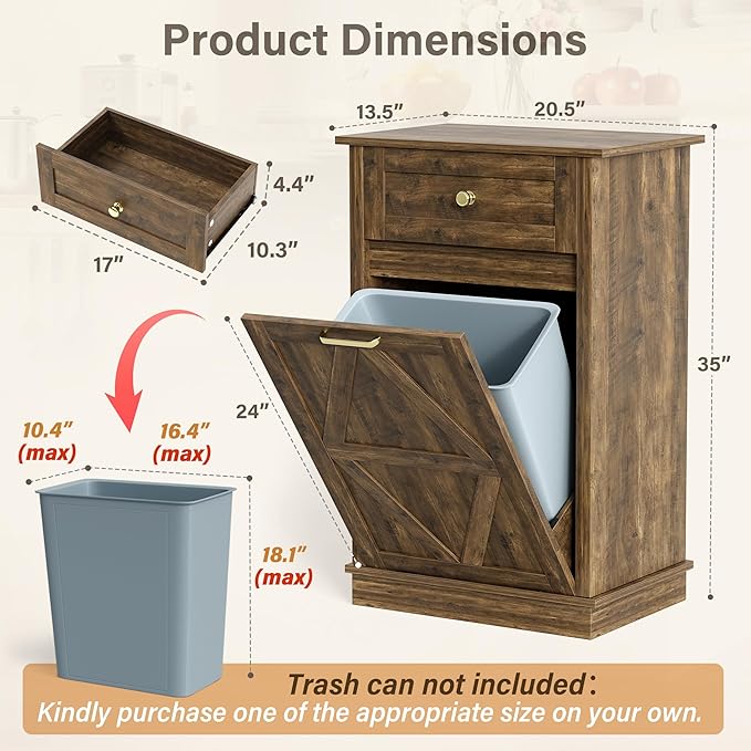 YESHOMY Tilt Out Trash Cabinet,10 Gallon Hidden Wooden Bin Cabinets, Laundry Hamper with Drawers, for Kitchen, Dining Room(Dark Brown)