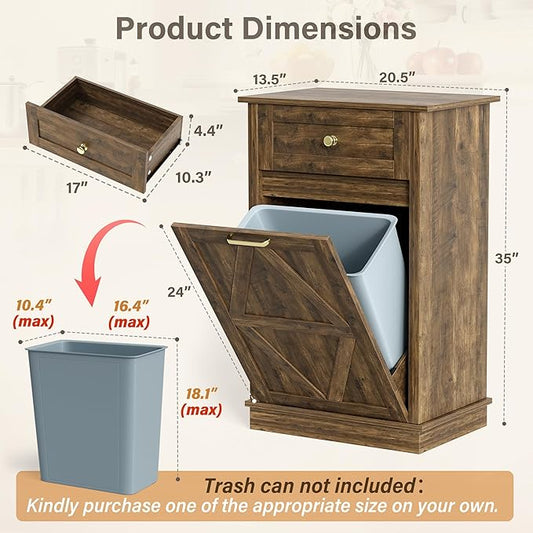 YESHOMY Tilt Out Trash Cabinet,10 Gallon Hidden Wooden Bin Cabinets, Laundry Hamper with Drawers, for Kitchen, Dining Room(Dark Brown)