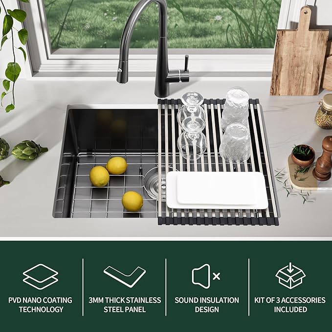 33-inch Black Kitchen Sink Undermount - SINKVINE 33 x 19 inch PVD Nano Stainless Steel Single Bowl Kitchen Sink, with 3.5" Drain Strainer, Bottom Grid Protector, Roll-up Drying Unit, Dark Grey