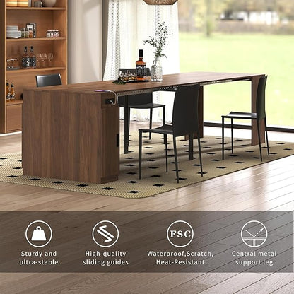 Extendable Dining Table with Storage, Transformer Console Table for 1-12 People, Space Saving Dining Room Table with Built-in Outlet for Homes, Apartments, Walnut
