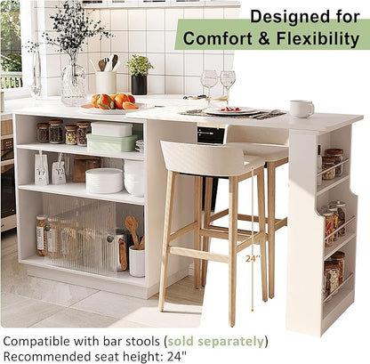 Modern Counter Height Dining Table,Extendable Kitchen Island & Buffet with Acrylic Sliding Doors,Pegboard,Half-Open Storage Shelves,Aluminum Alloy Handles (White-MC)