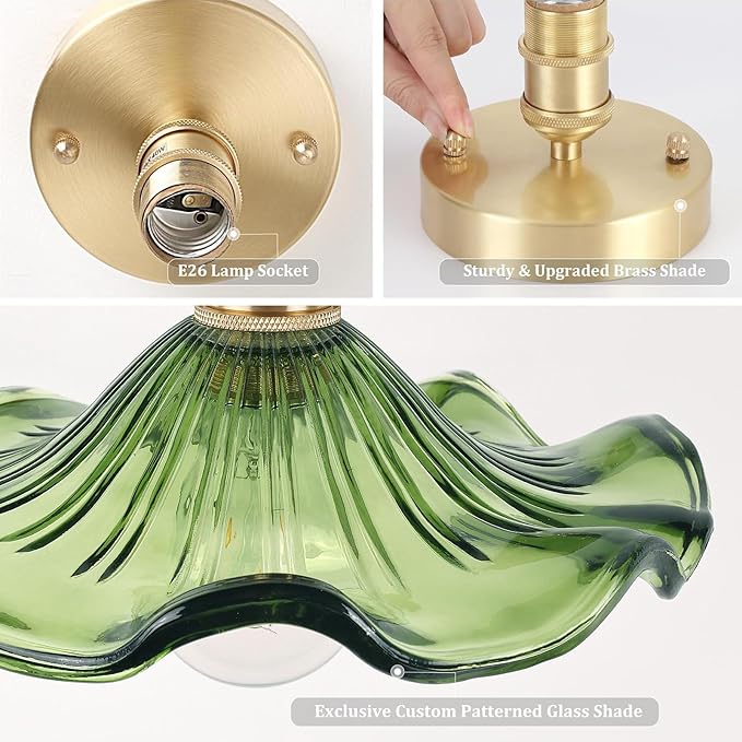 Shenmoyl Semi Flush Mount Light, Gold Hallway Vintage Fixture With Green Water Lily Glass, Bulb Included, 4.72" Base Modern Ceiling Light for Porch Kitchen Bedroom