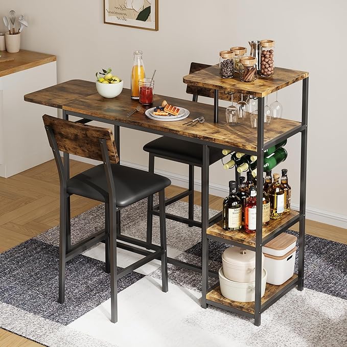 GAOMON 3-Piece Dining Set, Bar Table and Chairs Set for 2, High Top Table and Upholstered Chairs with Storage Shelves, Breakfast Nook, Bar Pub Set for Kitchen, Home Bar, Small Space