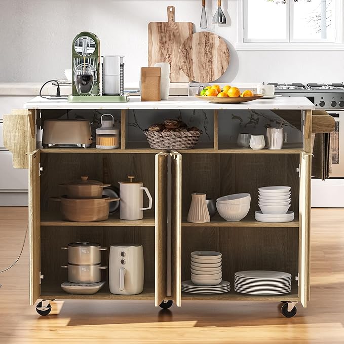 Modern Dining Table Kitchen Island with 2 Drop, Cart Power Outlet, 4 Doors Spice Rack, Rolling Table Faux Marble Top, Curved Edge Wood Console,Natural-MDF