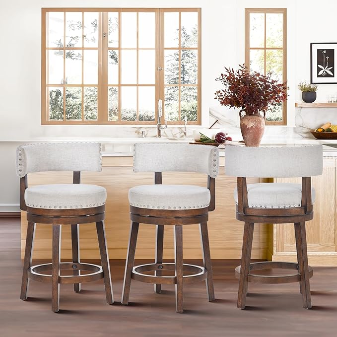 COLAMY Swivel Counter Height Bar Stools Set of 3, 25 Inch Modern Upholstered Kitchen Island Barstools with Back, Wood Swivel Bar Chairs for Dining Room, Beige