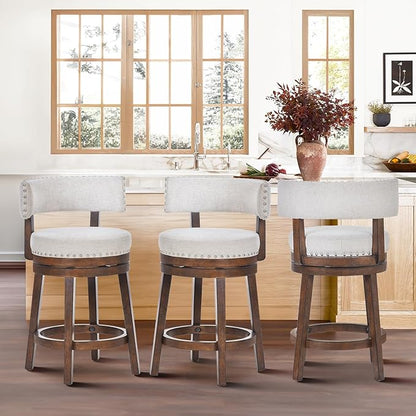 COLAMY Swivel Counter Height Bar Stools Set of 3, 25 Inch Modern Upholstered Kitchen Island Barstools with Back, Wood Swivel Bar Chairs for Dining Room, Beige