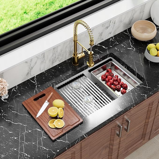 Davivy 27 Inch White Undermount Kitchen Sink Workstation, Dual Mount Granite Quartz Composite Kitchen Sink, Single Bowl with Accessories
