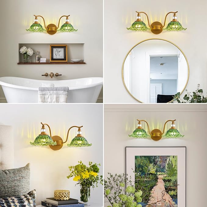 Vintage Bathroom Vanity Light Fixtures - 2 Light Antique Brass Bathroom Lights Fixture Over Mirror with Green Flower Glass,Retro Brushed Gold Bronze Wall-Mounted Vanity Lighting for Powder Room