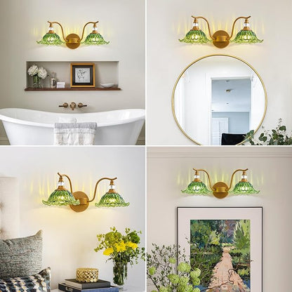 Vintage Bathroom Vanity Light Fixtures - 2 Light Antique Brass Bathroom Lights Fixture Over Mirror with Green Flower Glass,Retro Brushed Gold Bronze Wall-Mounted Vanity Lighting for Powder Room