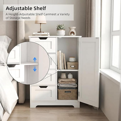 Casaphoria Bathroom Storage Cabinet with Drawers, Freestanding Floor Cabinet with Door and Adjustable Shelf, 4-Drawer Sideboard for Bathroom, Living Room, Kitchen, White