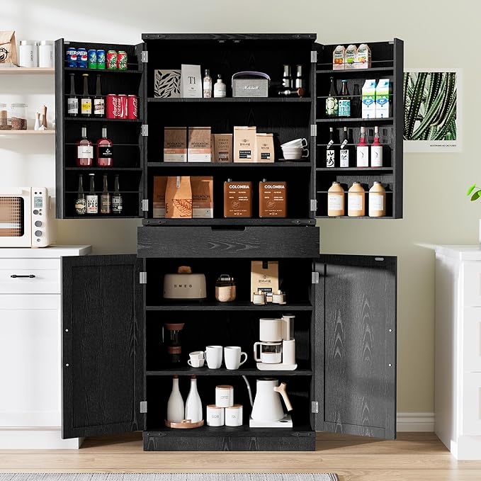 GRUSIGN 72" Tall Storage Cabinet, Kitchen Pantry Cabinet with Adjustable Shelves & Sturdy Steel Frame, Farmhouse Pantry Storage with 4 Barn Doors for Kitchen, Dining Room, and Living Room, Black