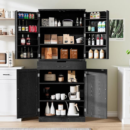 GRUSIGN 72" Tall Storage Cabinet, Kitchen Pantry Cabinet with Adjustable Shelves & Sturdy Steel Frame, Farmhouse Pantry Storage with 4 Barn Doors for Kitchen, Dining Room, and Living Room, Black
