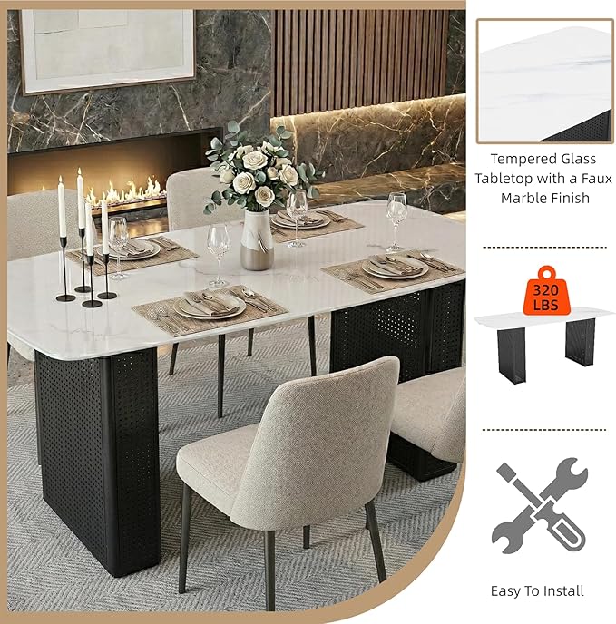 Heavy Duty Glass Dining Table, Rectangular Marble Pattern Surface, Elegant Black Dual-Pedestal Base, Adjustable Brackets for Stability, 6-8 Seater, Modern Luxury Centerpiece for Home Dining or Work