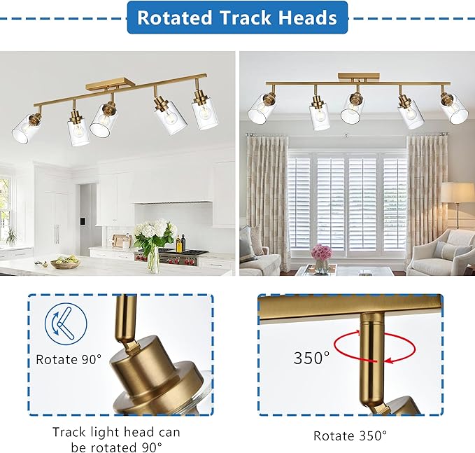 MELUCEE 5-Light Track Lighting Kit Brass Semi Flush Mount Ceiling Light Fixture with 5 Rotatable Light Heads, 37 Inch Modern Accent Lighting for Foyer Art Wall Kitchen, Clear Glass Shade