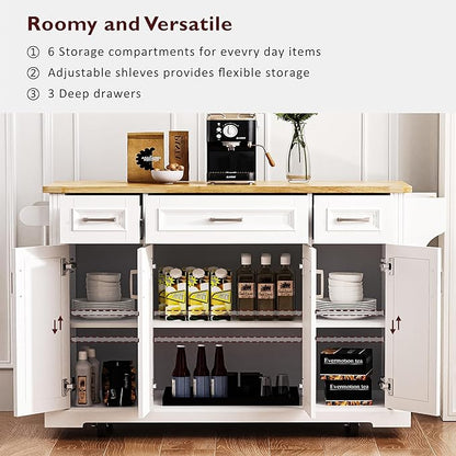 JIJIWANG 54" Large Kitchen Island with Drop Leaf and Storage, Embossed Texture Rolling Kitchen Cart on 4 Wheels with 4 Doors and 3 Drawers for Dining Room, White