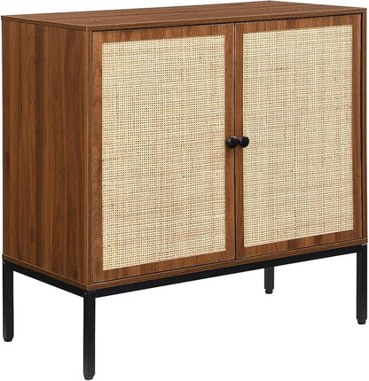 Yechen Set of 2 63" Walnut Sideboard Cabinet with Natural Rattan Doors, Buffet Console & Accent Cabinet, Rattan Credenza Storage with Metal Legs for Living Room, Kitchen, Dining Room