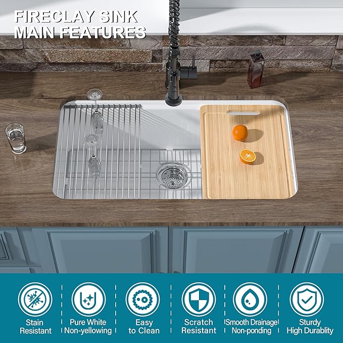 Large Undermount Workstation Kitchen Sink White 33 x 19 Inch, Fireclay Sink Drop In Single Bowl, Dual Mount Heavy Duty Deep Basin, Cutting Board Included, White, for Kitchen