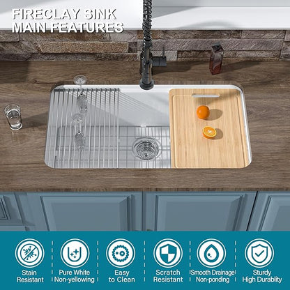 Large Undermount Workstation Kitchen Sink White 33 x 19 Inch, Fireclay Sink Drop In Single Bowl, Dual Mount Heavy Duty Deep Basin, Cutting Board Included, White, for Kitchen