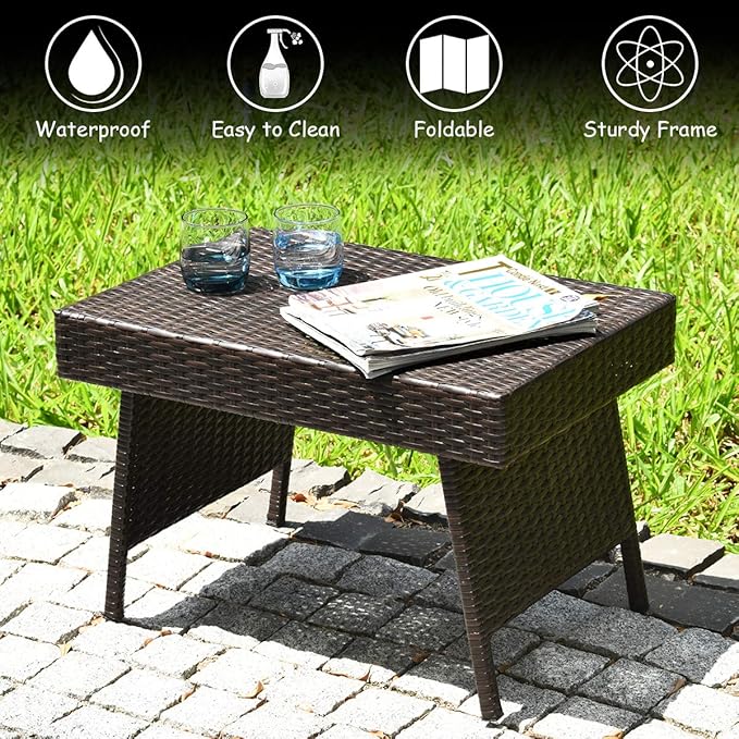 ReunionG Outdoor Patio Wicker Table, Portable Folding Table with Rattan and Steel Frame, Leisure Coffee Table, All Weather Standing Side Table for Lawn Garden, Courtyard, Poolside (Brown)