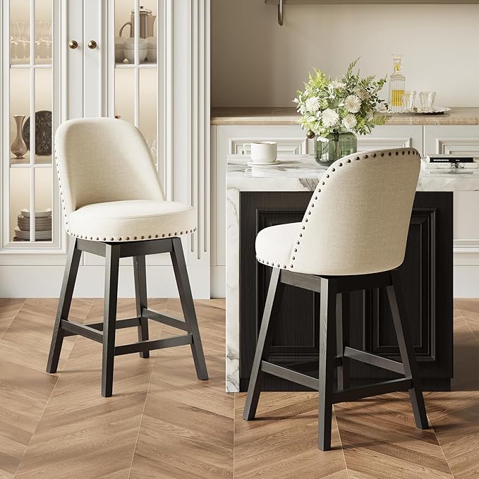 MALOL Swivel Bar Stools Set of 2, Upholstered Fabric Mid Century Mondern Barstools, 26 inch Counter Height Bar Chairs with Solid Back and Wood Legs, for Kitchen Island，Beige