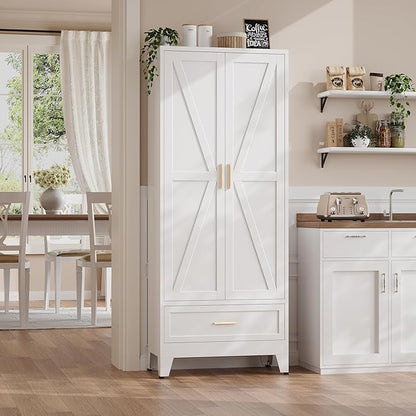 71“H Kitchen Pantry Cabinet with Drawers,Tall Kitchen Pantry Cabinets,Metal Food Storage Cabinets, White Pantry Cabinet with 4 Doors, Large Freestanding Cabinets for Dining Room, Living Room