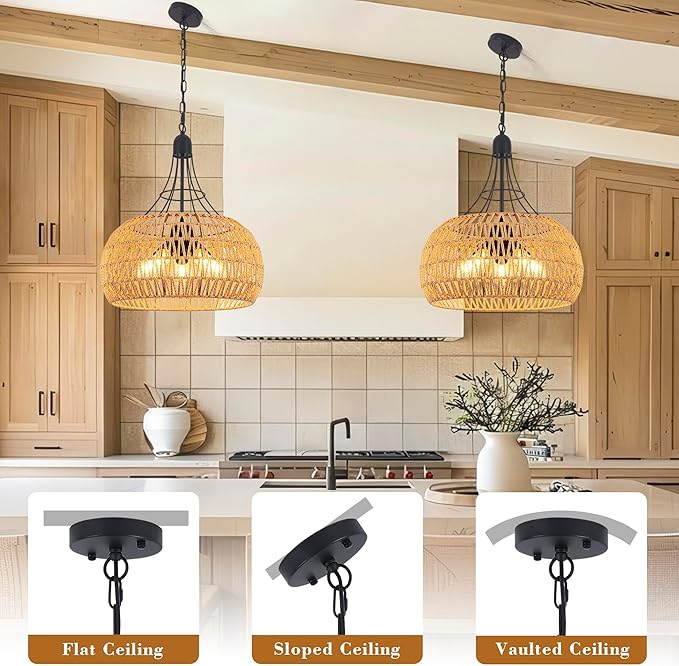 20" Rattan Farmhouse Chandeliers for Dining Room, 5-Light Boho Rattan Chandelier Light Fixtures with Woven Wicker Lampshade, Rustic Pendant Lighting for Kitchen Island, Living Room