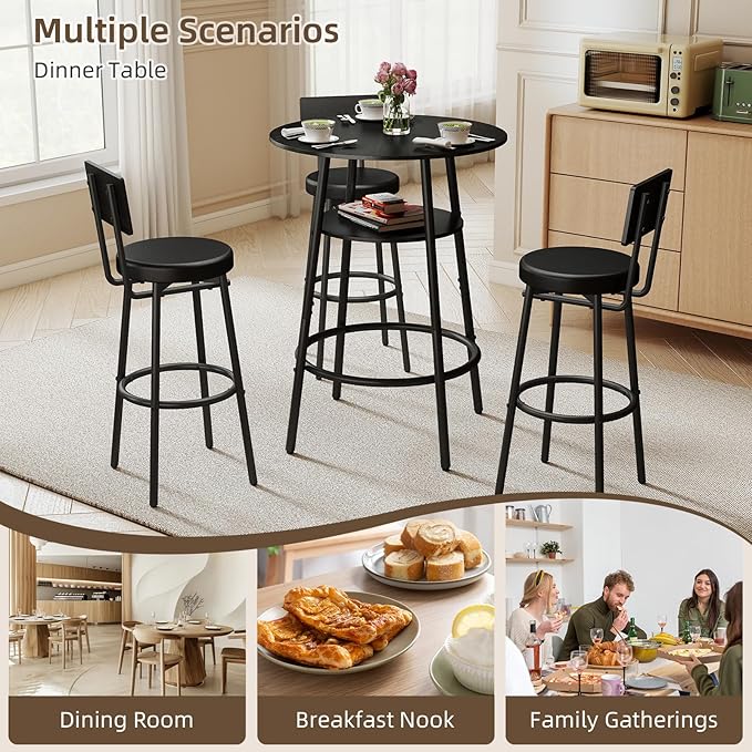 Zevemomo 4 Pieces 28.9" Round Bar Table Set, Bar Stool Table Set of 3, Black Kitchen Bar Table, Breakfast Table with Storage, 3 Thickened Cushion Stools with Backrest for Small Space & Bistro-Black