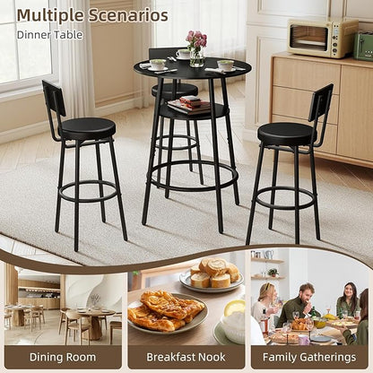 Zevemomo 4 Pieces 28.9" Round Bar Table Set, Bar Stool Table Set of 3, Black Kitchen Bar Table, Breakfast Table with Storage, 3 Thickened Cushion Stools with Backrest for Small Space & Bistro-Black