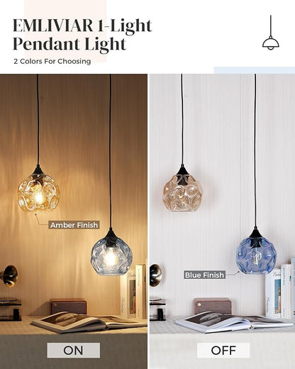 Emliviar 7 Inch Adjustable Mini Chandelier, Round Ceiling Pendant Lighting Fixture with Hammered Glass, Amber Finish, DYE287G2-MIL BK