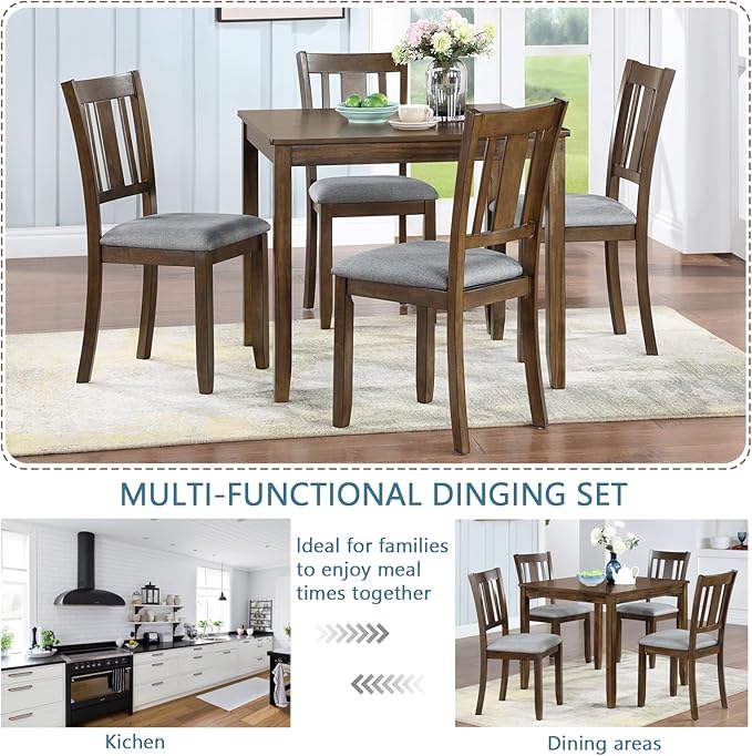 5-Piece Solid Wood Dining Table Set with 4 Upholstered Chairs, Square Dining Table Set for 4, Modern Kitchen and Dining Room Table and Chairs Set of 4, Walnut