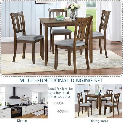 5-Piece Solid Wood Dining Table Set with 4 Upholstered Chairs, Square Dining Table Set for 4, Modern Kitchen and Dining Room Table and Chairs Set of 4, Walnut
