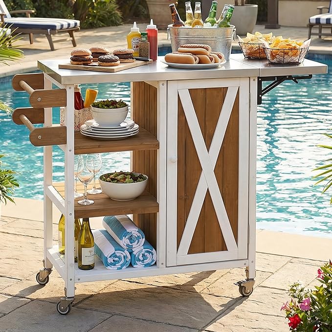 MERITLINE Foldable Outdoor Kitchen Island with Stainless Steel Top, Lockable Rolling Casters & Towel Rack, Mobile BBQ Prep Cart with Open Shelves and Hidden Cabinet for Patio, Balcony, White+Brown